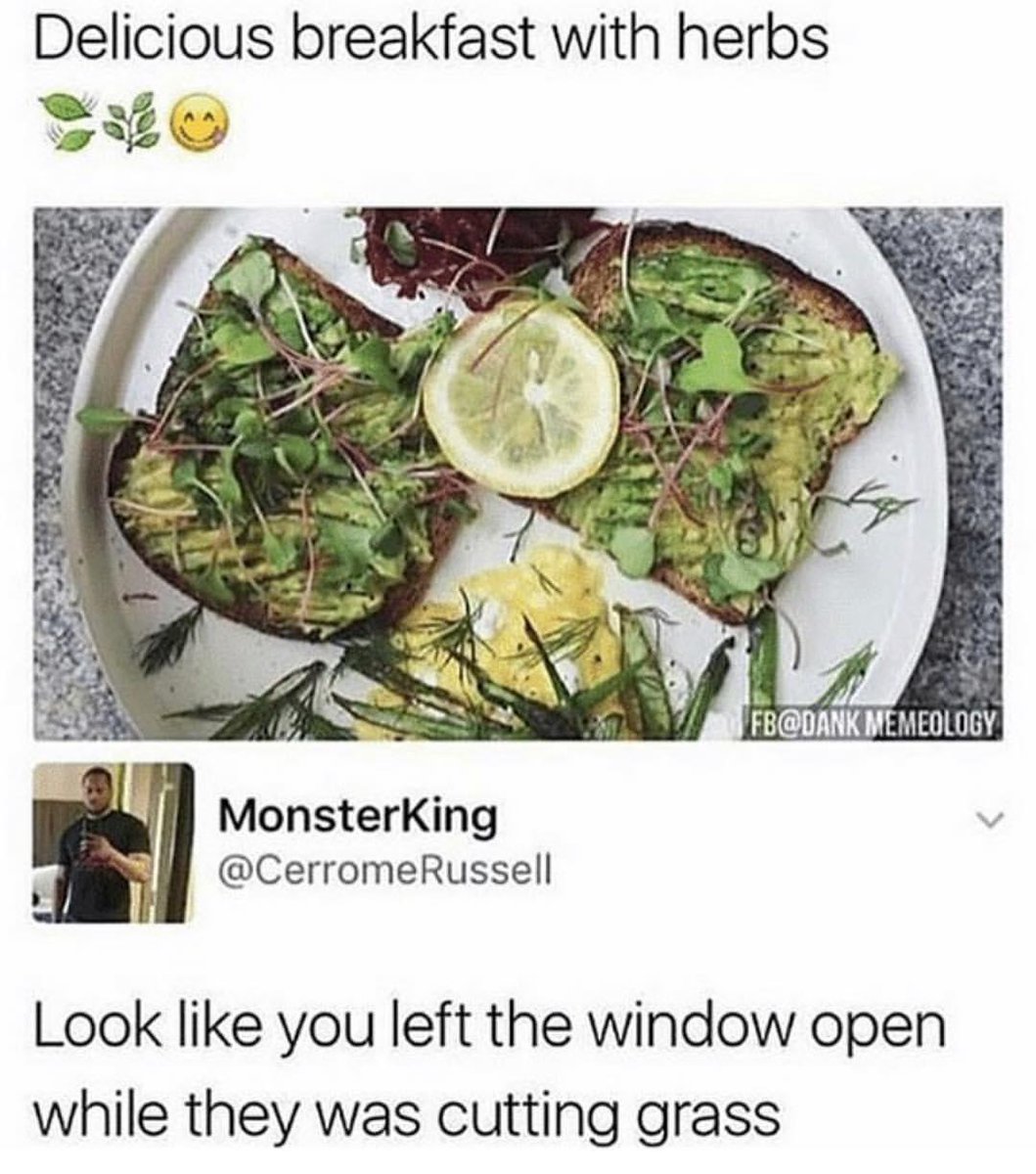 Delicious breakfast with herbs MonsterKing r CerromeRussell Look like you left the window open while they was cutting grass