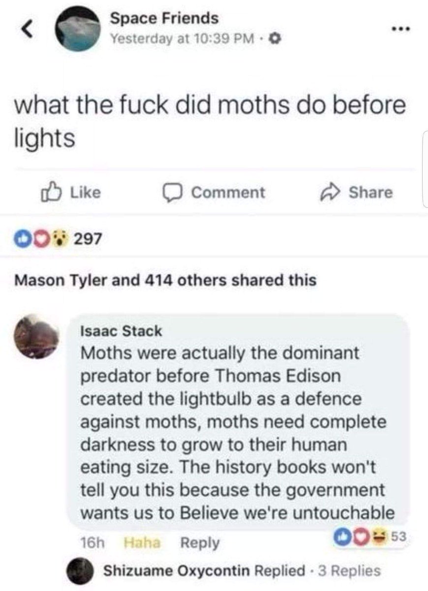 Space Friends o Yesterday at 1039PM what the fuck did moths do before lights o Like J Comment Share Q0 297 Mason Tyler and 414 others shared this Isaac Stack Moths were actually the dominant predator before Thomas Edison created the lightbulb as a defence against moths moths need complete darkness to grow to their human eating size The history books wont tell you this because the government wants 