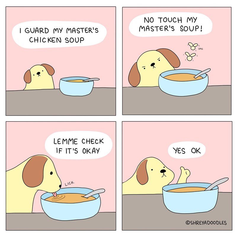 GUARD MY MASTERS CHICKEN SOLP NO TOUCH MY MASTERS SOUP LEMME CHECK IF ITS OKAY