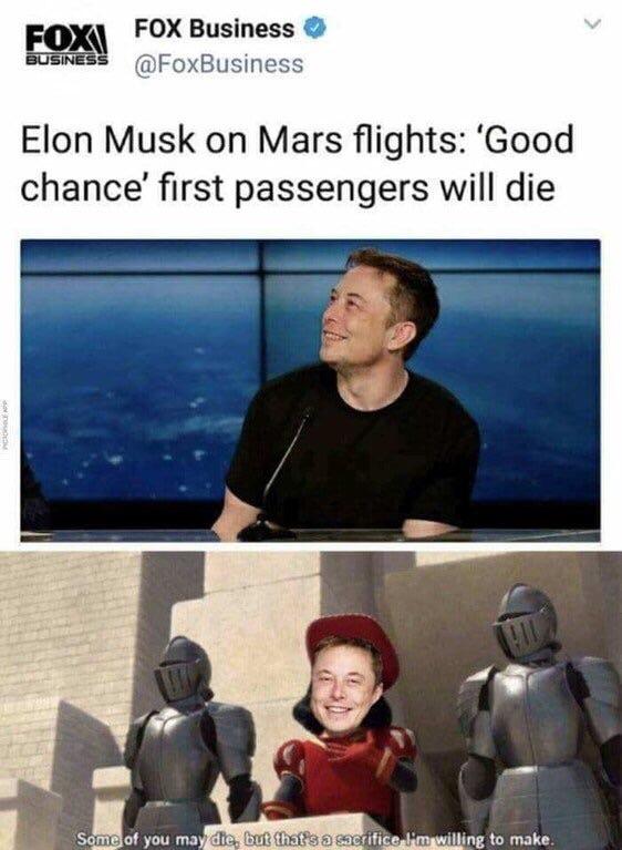 FOX FOX Business BUSINES FoxBusiness Elon Musk on Mars flights Good chance first passengers will die l Sqni you may R eNE Tt PRIt ificeimawilling to make