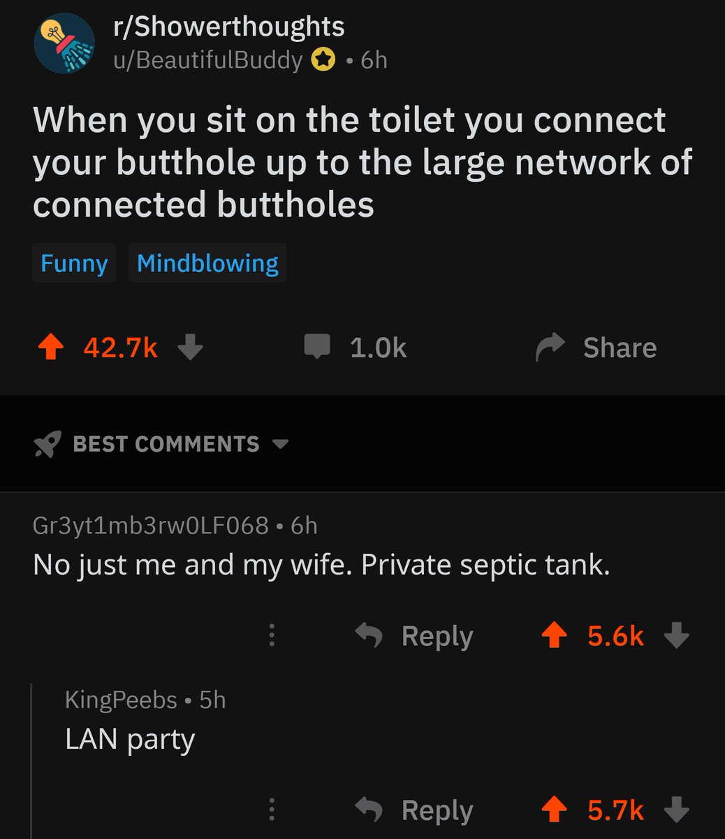 rShowerthoughts uBeautifulBuddy 6h e When you sit on the toilet you connect your butthole up to the large network of ofo 3y To1 To M o1V 44 To 1 Funny Mindblowing 4 427k 10k Share BEST COMMENTS Gr3yt1mb3rwOLF068 6h No just me and my wife Private septic tank Reply 4 56k KingPeebs 5h WA W eF1g0Y Reply 4 57k