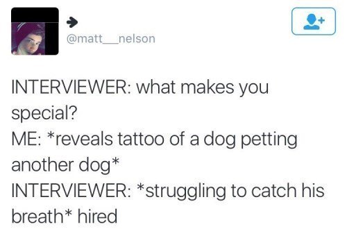 F Sal matnelsor INTERVIEWER what makes you special ME reveals tattoo of a dog petting another dog INTERVIEWER struggling to catch his breath hired