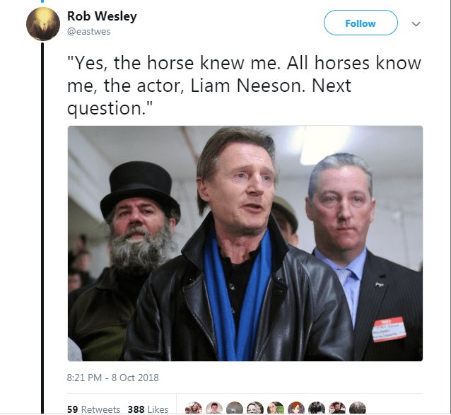 Robwfesley Crotow v Yes the horse knew me All horses know me the actor Liam Neeson Next question
