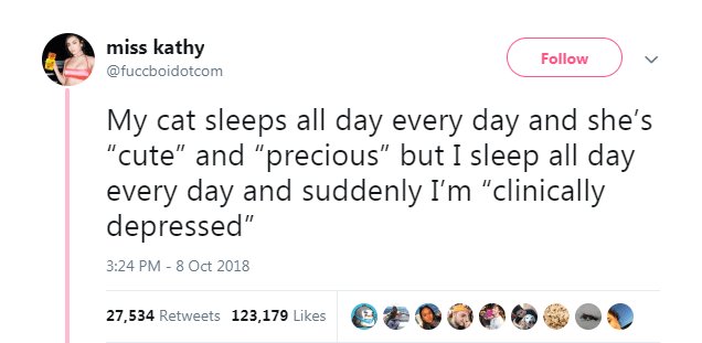 miss kathy v fuccboidotcom My cat sleeps all day every day and shes cute and precious but I sleep all day every day and suddenly Im clinically depressed 324PM 8 Oct 2018 253 remees 12310900k OEPOOOLS