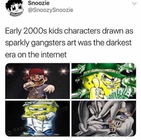 Snoozie SnoozySnoozie 99 Early 2000s kids characters drawn as sparkly gangsters art was the darkest era on the internet