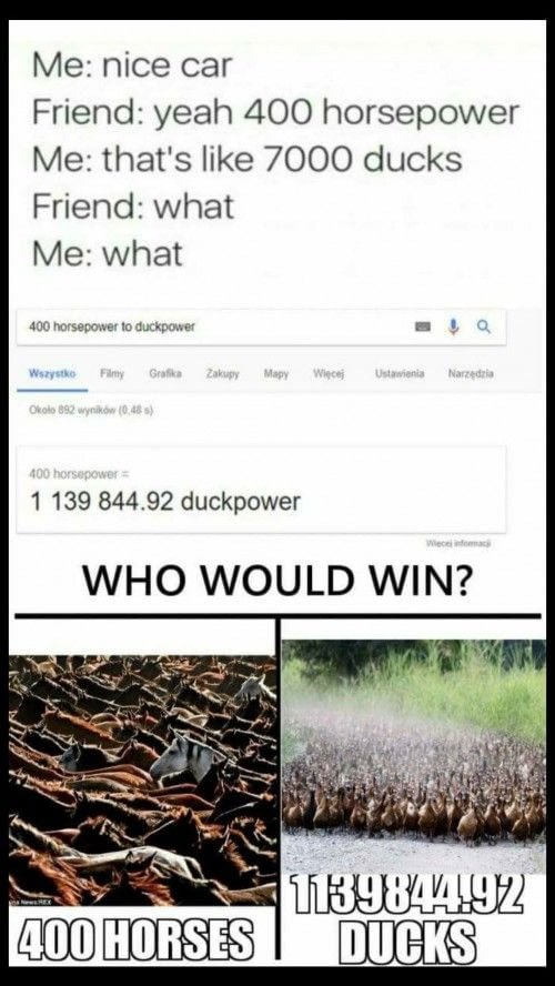 Me nice car Friend yeah 400 horsepower Me thats like 7000 ducks Friend what Me what 1139 84492 duckpower WHO WOULD WIN