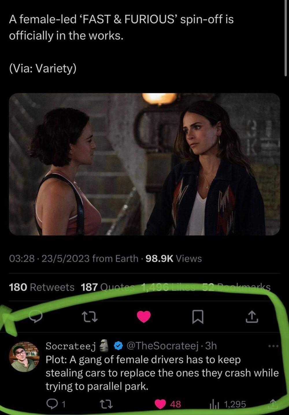 Afemale led FAST FURIOUS spin off is T EIAL R GERVCICH L 4 Socrateej TheSocrateej 3h Plot A gang of female drivers has to keep stealing cars to replace the ones they crash while trying to parallel park eX i3