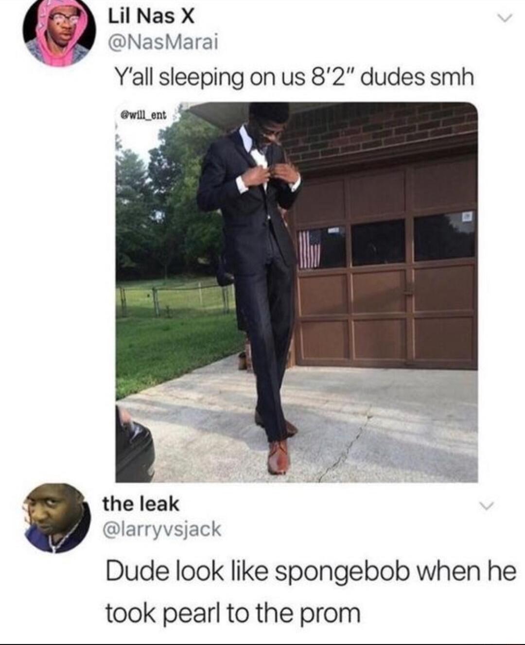 Lil Nas X NasMarai Yall sleeping on us 82 dudes smh Dude look like spongebob when he took pearl to the prom