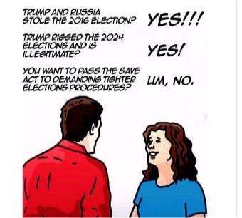 TRUMP AND RUSSIA STOLE THE 2016 ELECTION? YES!!! TRUMP RIGGED THE 2024 ELECTIONS AND IS ILLEGITIMATE? YES! YOU WANT TO PASS THE SAVE ACT TO DEMANDING TIGHTER ELECTIONS PROCEDURES? UM, NO.