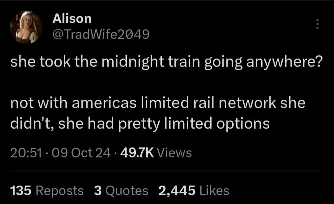 LUEST CHE IR 5 she took the midnight train going anywhere not with americas limited rail network she didnt she had pretty limited options pLoR RIe el S Z R QU 135 Reposts 3 Quotes 2445 Likes