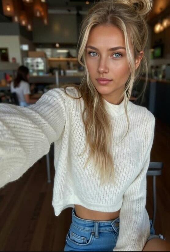 A young blonde woman with blue eyes wearing a white cropped sweater and blue jeans takes a selfie in a cafe.