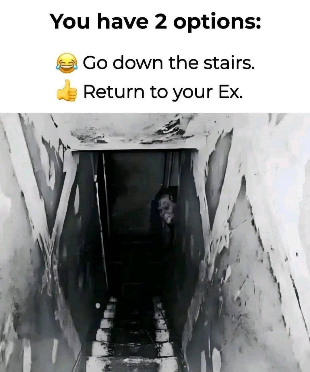 You have 2 options:
😂 Go down the stairs.
👍 Return to your Ex.