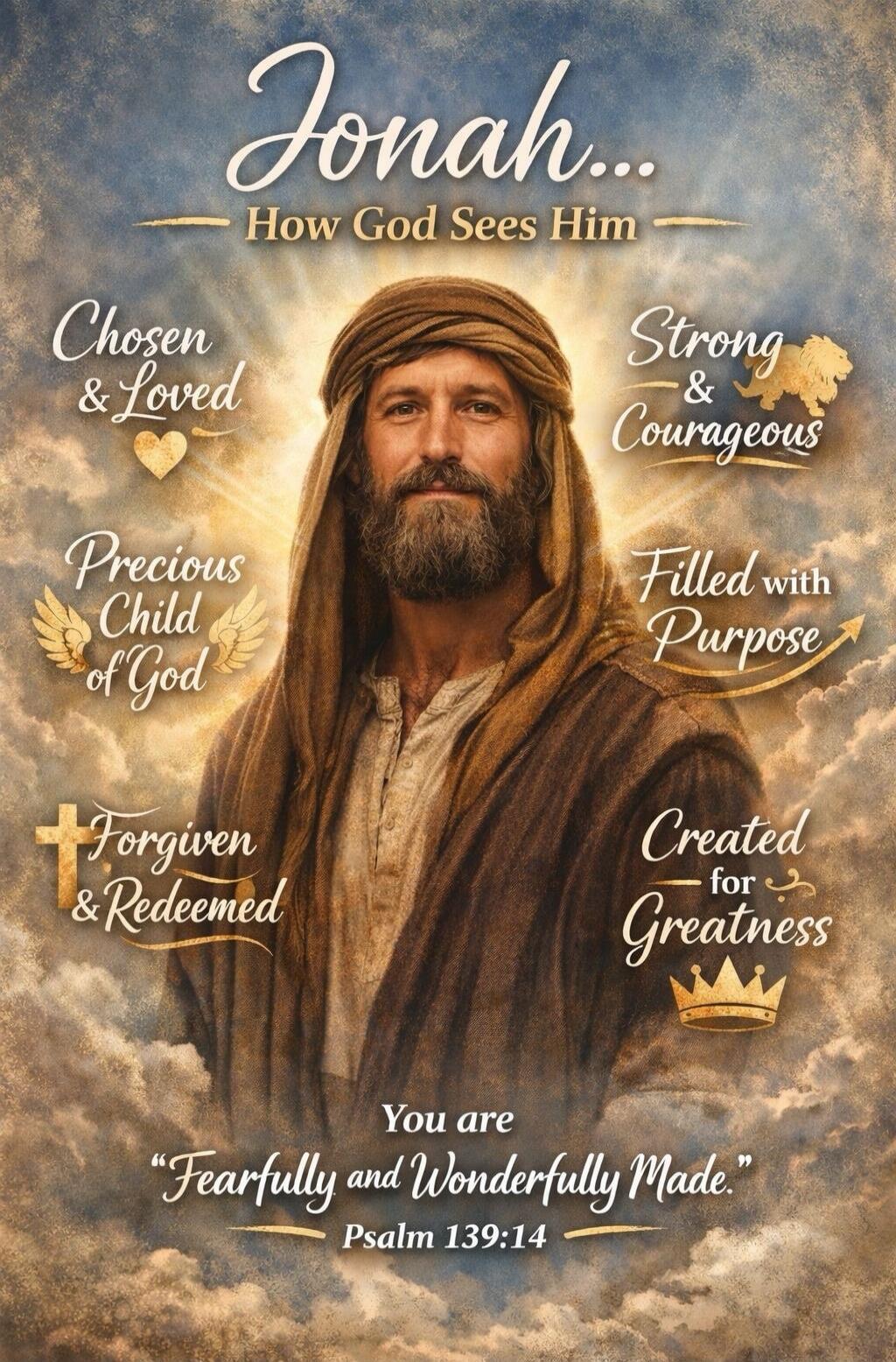 Jonah... How God Sees Him. Chosen & Loved. Precious Child of God. Forgiven & Redeemed. Strong & Courageous. Filled with Purpose. Created for Greatness. You are 