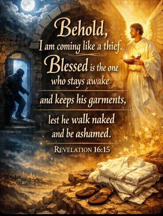 Behold, I am coming like a thief. Blessed is the one who stays awake and keeps his garments, lest he walk naked and be ashamed. REVELATION 16:15