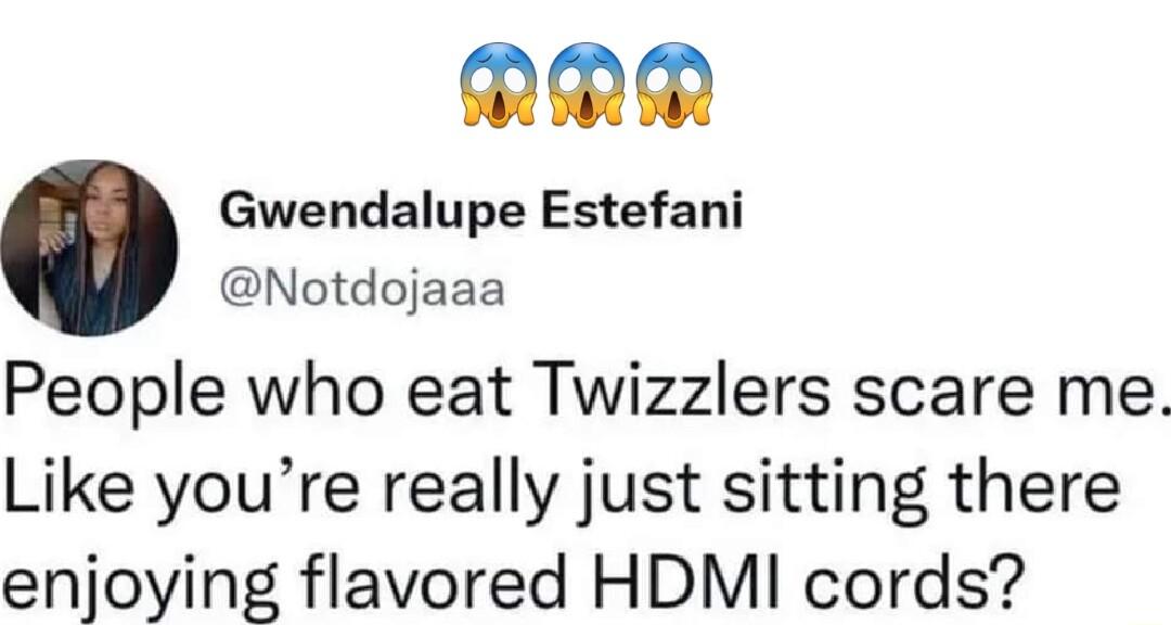 PP Gwendalupe Estefani Notdojaaa People who eat Twizzlers scare me Like youre really just sitting there enjoying flavored HDMI cords
