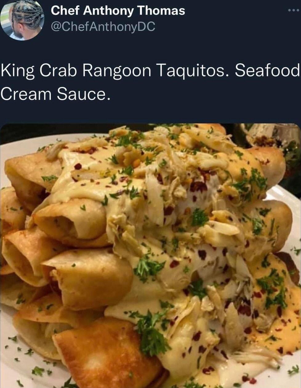 Chef Anthony Thomas ChefAnthonyDC King Crab Rangoon Taquitos Seafood Cream Sauce