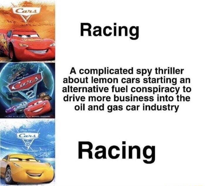 Racing A complicated spy thriller about lemon cars starting an alternative fuel conspiracy to drive more business into the oil and gas car industry Racing