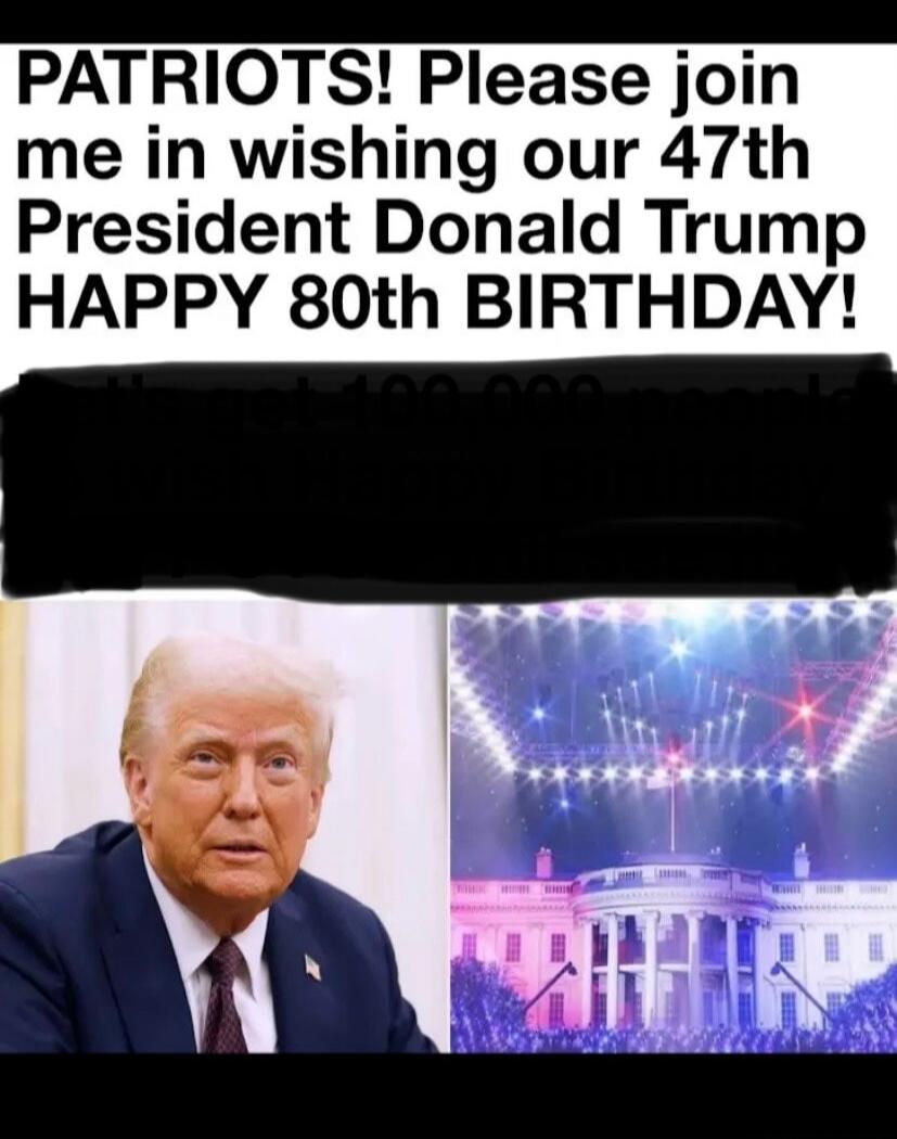 PATRIOTS! Please join me in wishing our 47th President Donald Trump HAPPY 80th BIRTHDAY!