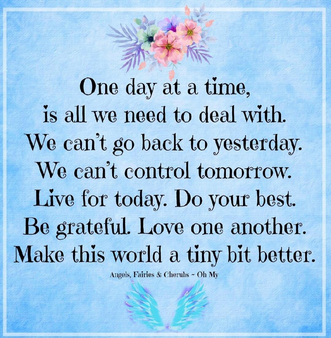 One day at a time, is all we need to deal with. We can't go back to yesterday. We can't control tomorrow. Live for today. Do your best. Be grateful. Love one another. Make this world a tiny bit better.