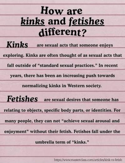 How are kinks and fetishes different? Kinks are sexual acts that someone enjoys exploring. Kinks are often thought of as sexual acts that fall outside of 