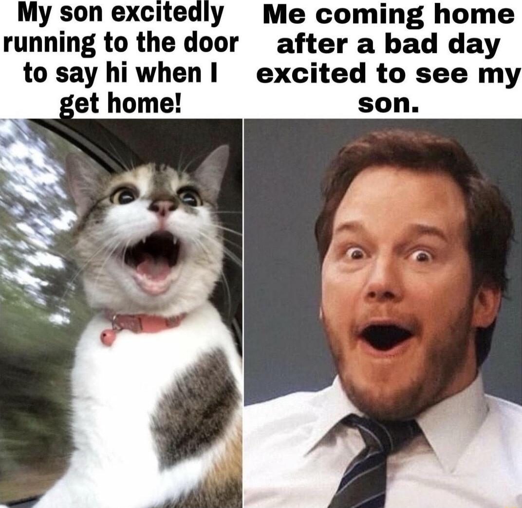My son excitedly Me coming home running to the door after a bad day to say hiwhenl excited to see my son