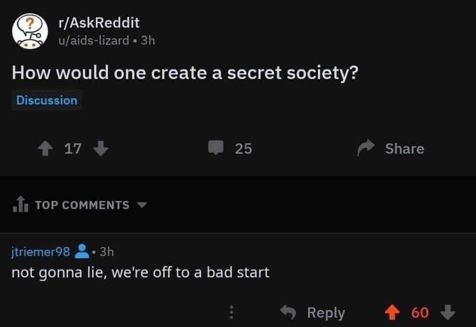 rAskReddit AR How would one create a secret society Discussion 17 L1 Share oIs ToP coMMENTS itriemer98 3h not gonna lie were off to a bad start Reply