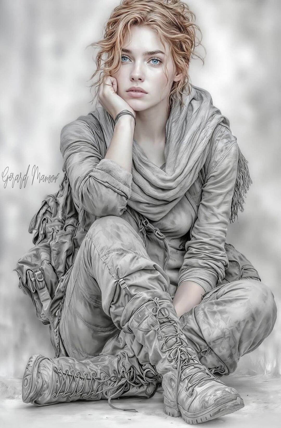 Portrait of a young woman wearing gray scarf and boots, seated, looking at the camera.