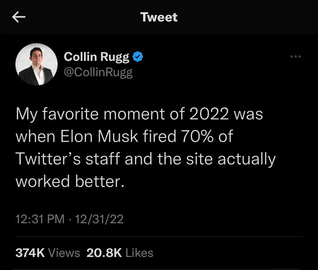 Tweet Collin Rugg CollinRugg My favorite moment of 2022 was when Elon Musk fired 70 of Twitters staff and the site actually worked better 1231 PM 123122 k70 QUENER ToX QREEE