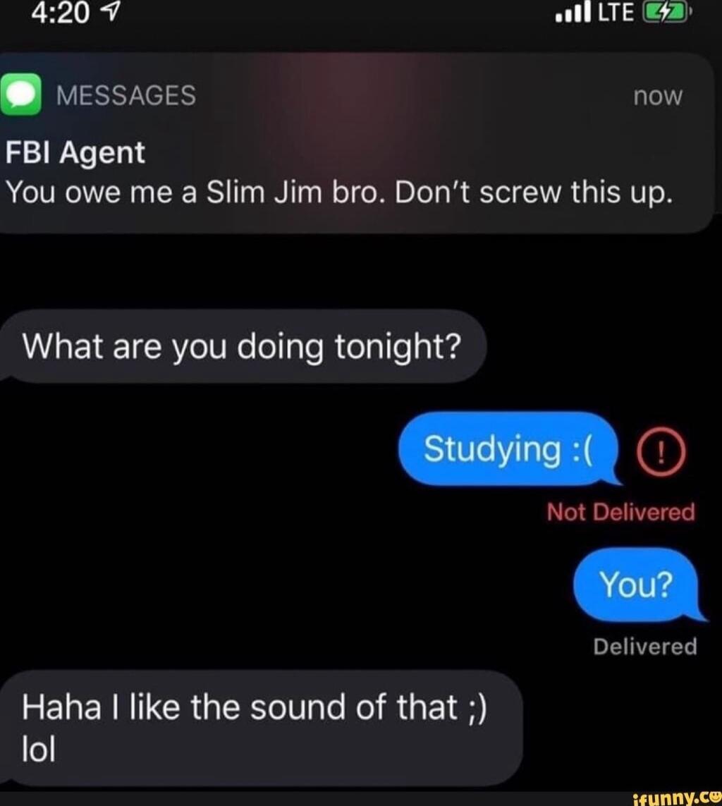 4209 VIS now FBI Agent You owe me a Slim Jim bro Dont screw this up What are you doing tonight G Not Delivered Delivered LR ERER R CR ORI e Kol R 1