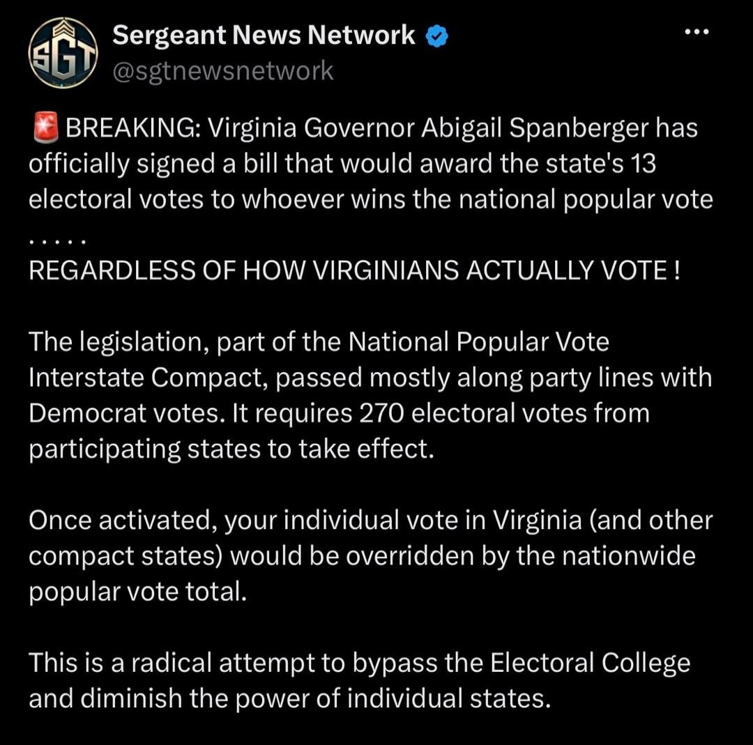 Sergeant News Network @sgtnewsnetwork BREAKING: Virginia Governor Abigail Spanberger has officially signed a bill that would award the state's 13 electoral votes to whoever wins the national popular vote REGARDLESS OF HOW VIRGINIANS ACTUALLY VOTE! The legislation, part of the National Popular Vote Interstate Compact, passed mostly along party lines