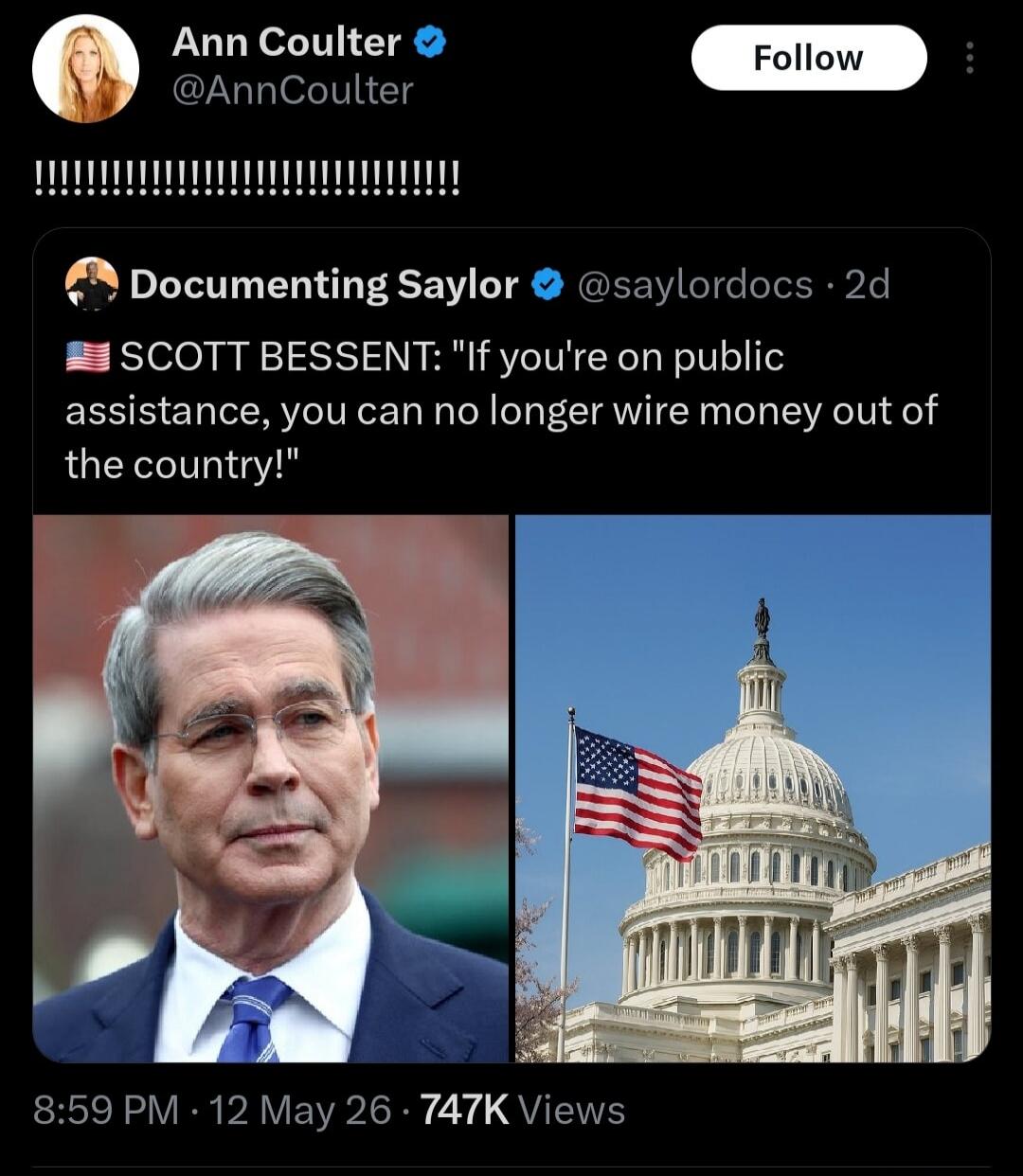 Ann Coulter @AnnCoulter !!!!!!!!!!!!!!!!!!!!!!!!!!!!!!!!! Documenting Saylor @saylordocs · 2d 🇺🇸 SCOTT BESSENT: 