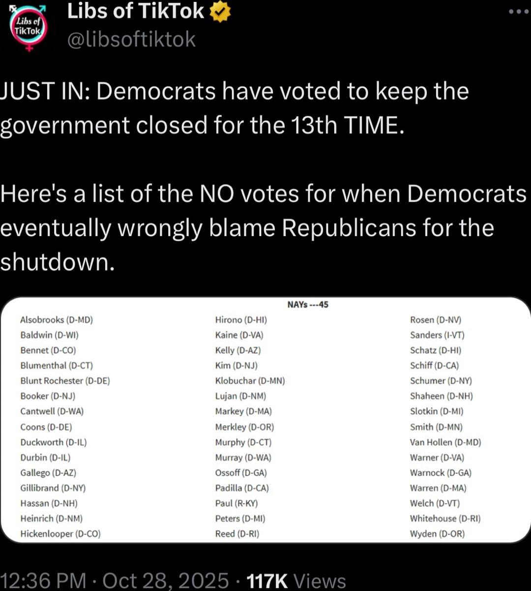 JUST IN: Democrats have voted to keep the government closed for the 13th TIME.
Here's a list of the NO votes for when Democrats eventually wrongly blame Republicans for the shutdown.

[small image of a list of names]