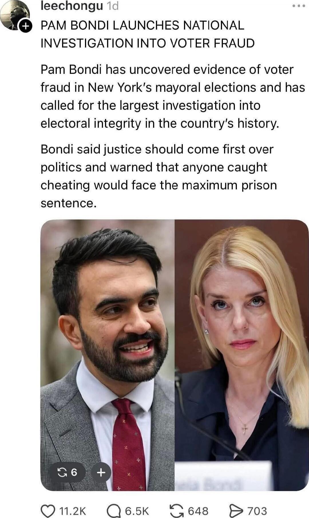 PAM BONDI LAUNCHES NATIONAL INVESTIGATION INTO VOTER FRAUD

Pam Bondi has uncovered evidence of voter fraud in New York's mayoral elections and has called for the largest investigation into electoral integrity in the country's history.

Bondi said justice should come first over politics and warned that anyone caught cheating would face the maximum 