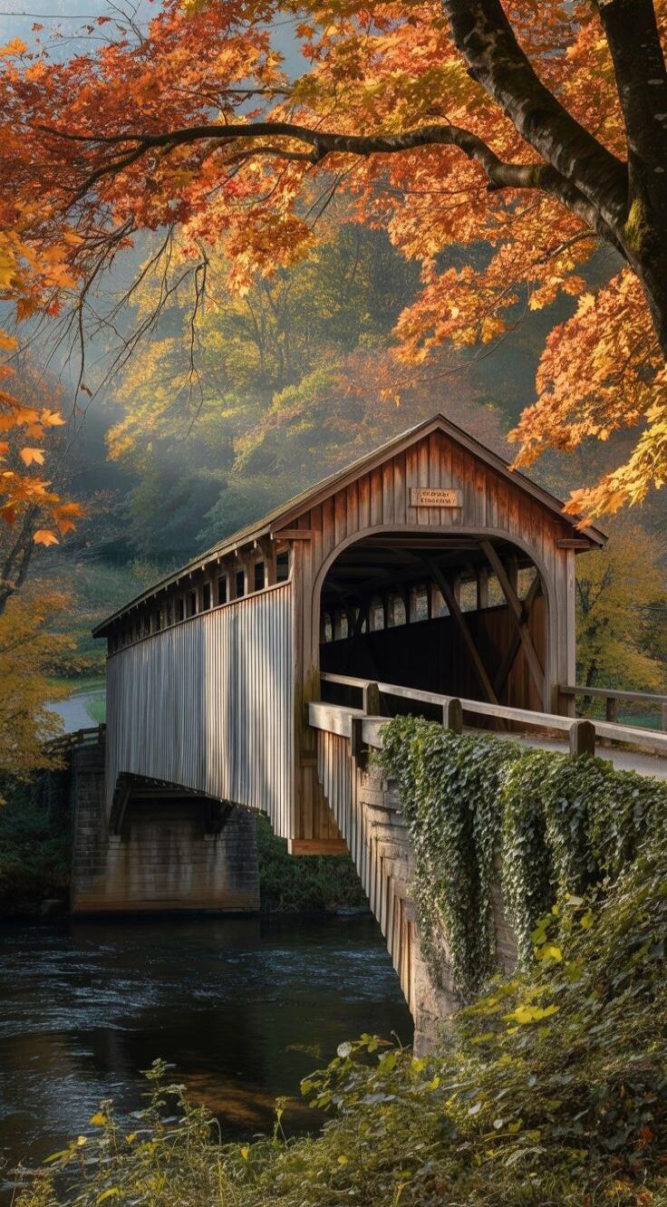 A wooden covered bridge over a small river surrounded by autumn orange leaves.
