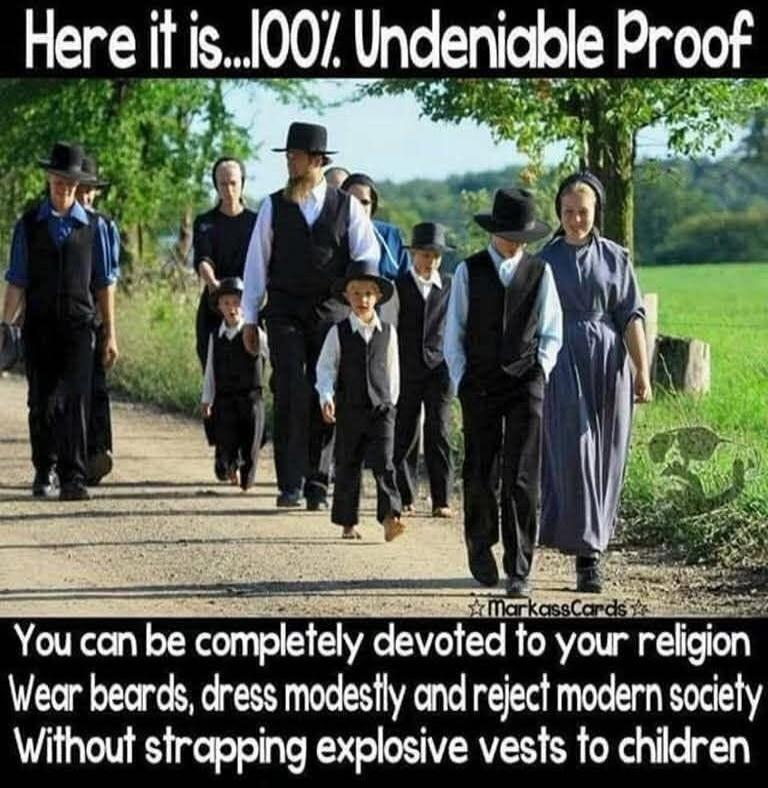 Here it is... 100% Undeniable Proof. You can be completely devoted to your religion Wear beards, dress modestly and reject modern society Without strapping explosive vests to children.