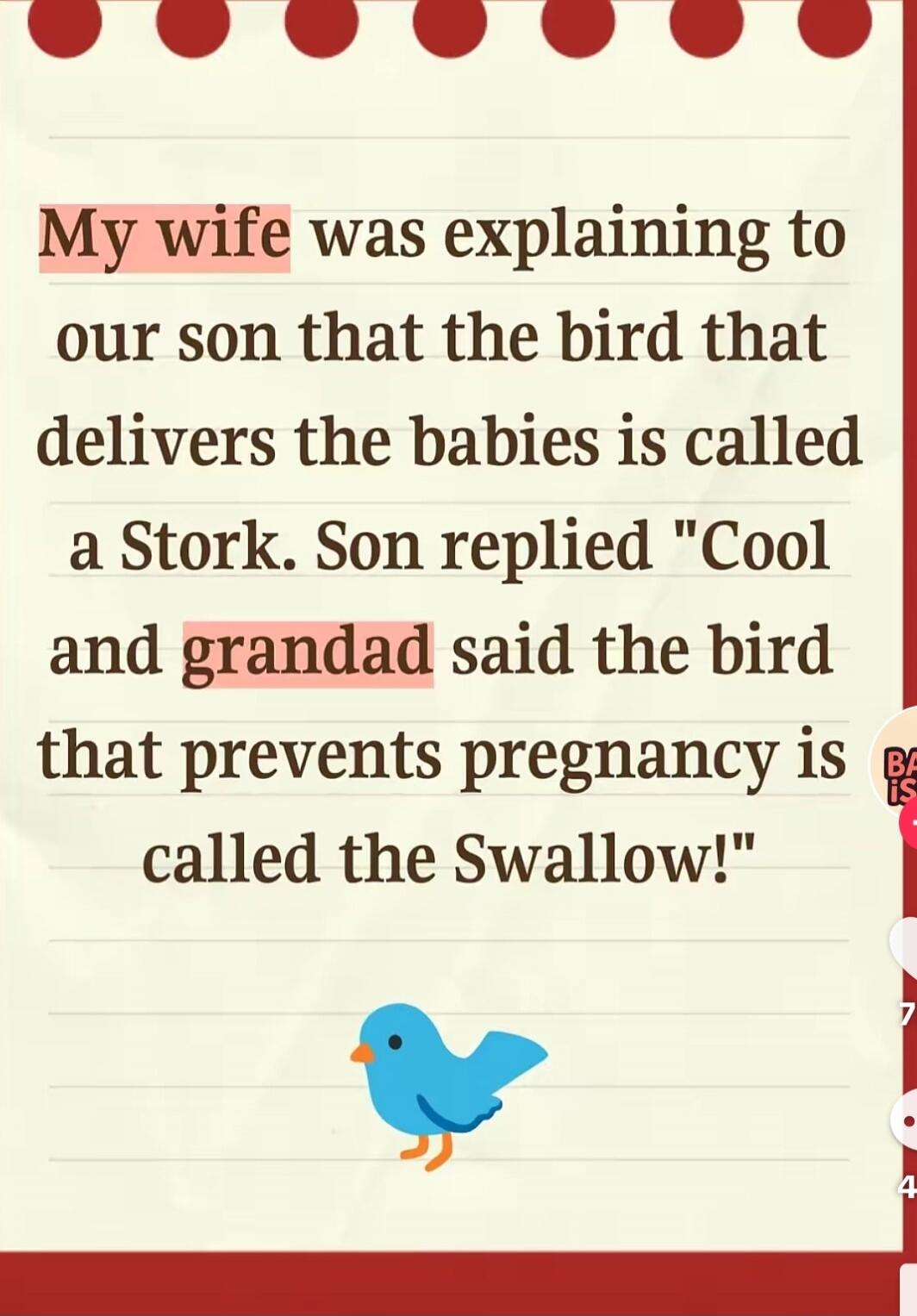 My wife was explaining to our son that the bird that delivers the babies is called a Stork. Son replied 