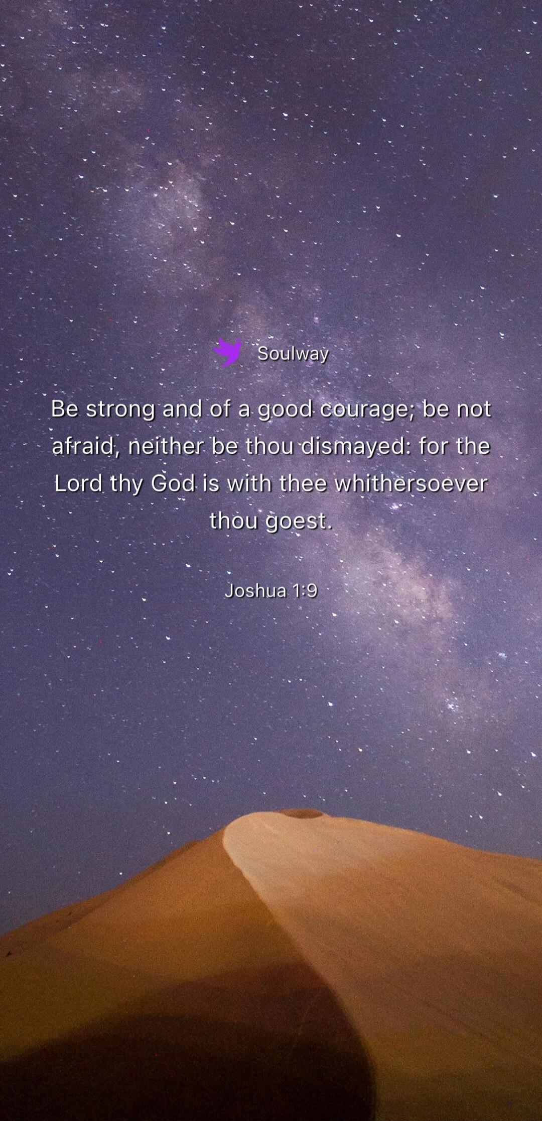 Soulway
Be strong and of a good courage; be not afraid, neither be thou dismayed: for the Lord thy God is with thee whithersoever thou goest.
Joshua 1:9