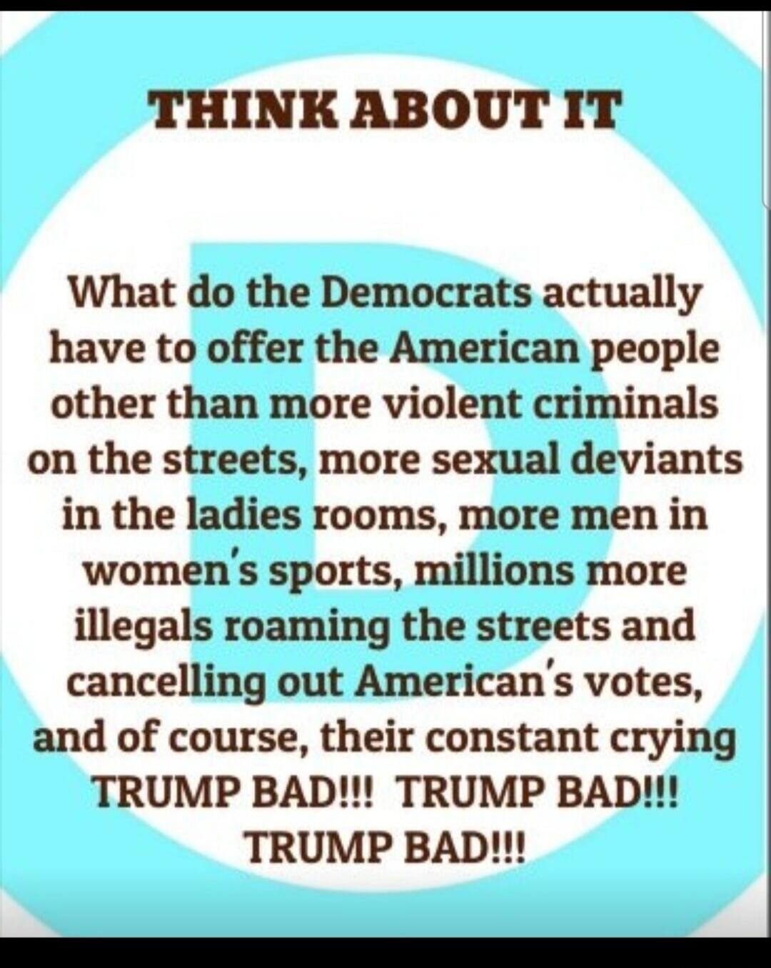 THINK ABOUT IT What do the Democrats actually have to offer the American people other than more violent criminals on the streets, more sexual deviants in the ladies rooms, more men in women's sports, millions more illegals roaming the streets and cancelling out American's votes, and of course, their constant crying TRUMP BAD!!! TRUMP BAD!!! TRUMP B