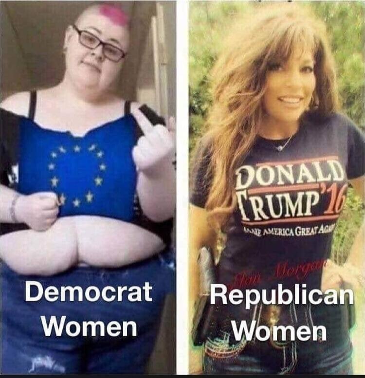 Democrat Women. Republican Women. DONALD TRUMP '16. MAKE AMERICA GREAT AGAIN. A woman on the left is giving the middle finger.
