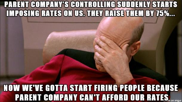 PARENTCOMPANYS CONTROLLING SUDDENLYSTARTS IMPOSINGRATES ONUS THEY RIISI_EII BY15 N NOW WEVE GOTTA START FIRING PEOPLE BECAUSE PARENT COMPANY CANT AFFORD OUR RATES e