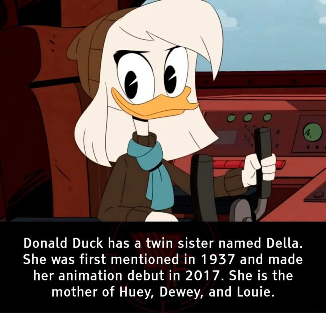 Donald Duck has a twin sister named Della She was first mentioned in 1937 and made LSRN ERCL R ELIN ST o AR TR R T mother of Huey Dewey and Louie