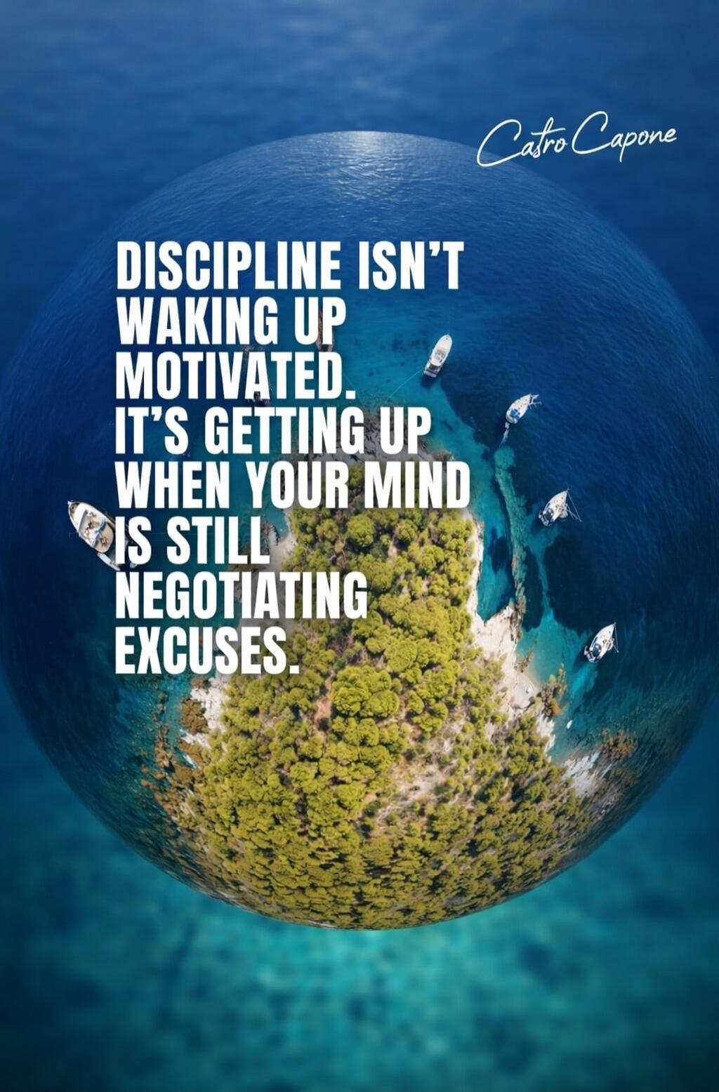 DISCIPLINE ISN'T WAKING UP MOTIVATED. IT'S GETTING UP WHEN YOUR MIND IS STILL NEGOTIATING EXCUSES. Castro Capone