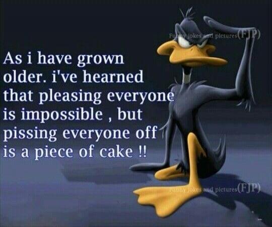 As i have grown older. i've hearned that pleasing everyone is impossible , but pissing everyone off is a piece of cake !!