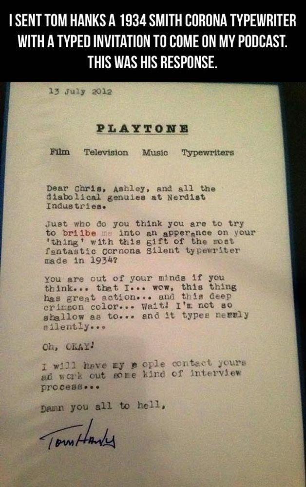 SENTTOM HANKS A 1934 SMITH CORONA TYPEWRITER WITH ATYPED INVITATION TO COME ON MY PODCAST LT TN NS N PLAYTONE Film Television Music Typewriters pesn you a1l to hell o T