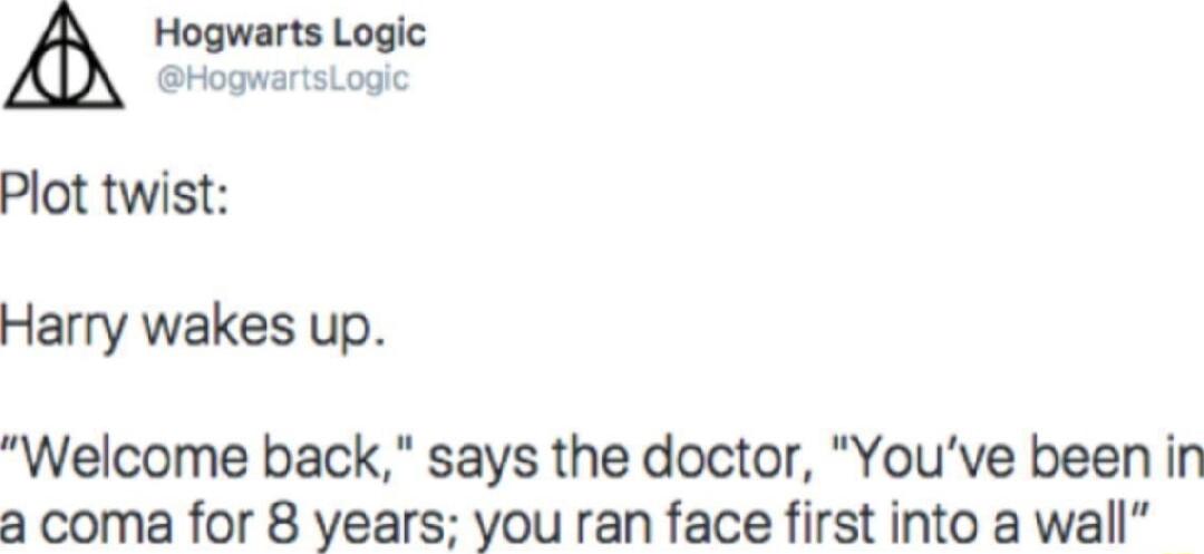 Hogwarts Logic m HogwartsLogic Plot twist Harry wakes up Welcome back says the doctor Youve been in a coma for 8 years you ran face first into a wall