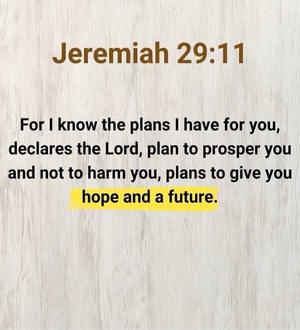 Jeremiah 29:11 For I know the plans I have for you, declares the Lord, plan to prosper you and not to harm you, plans to give you hope and a future.