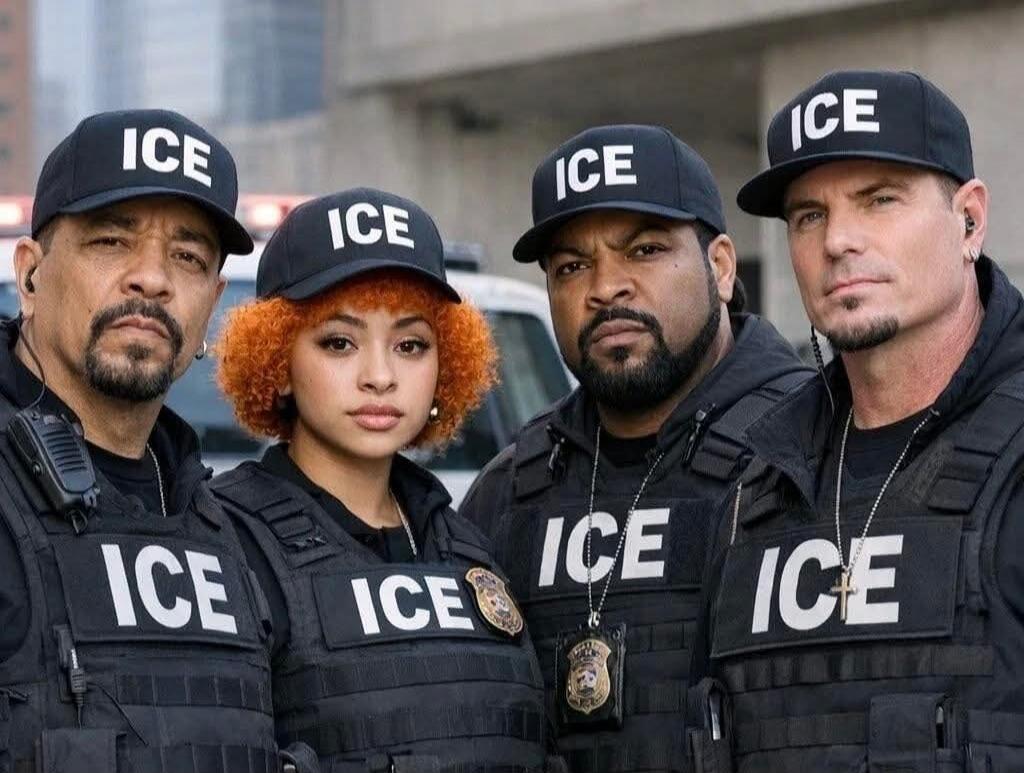 Four ICE agents wearing tactical vests with ICE insignia.