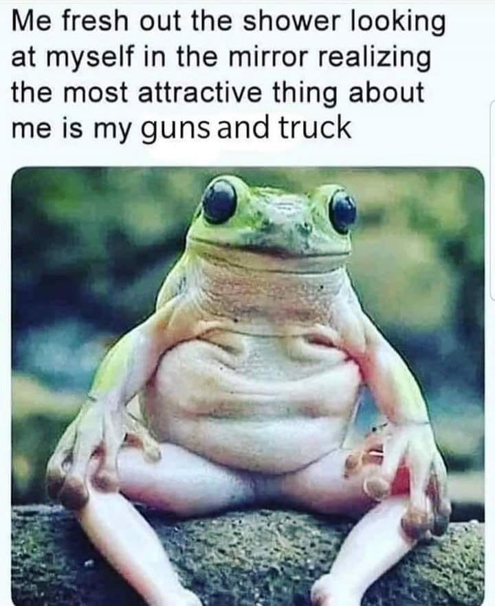 Me fresh out the shower looking at myself in the mirror realizing the most attractive thing about me is my guns and truck
