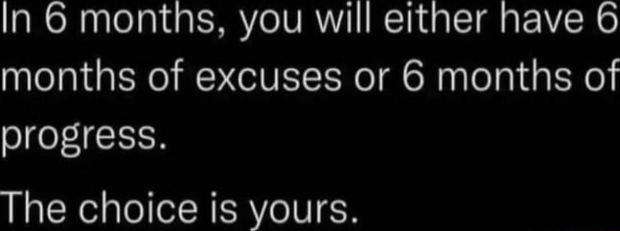 In 6 months you will either have 6 months of excuses or 6 months of progress The choice is yours
