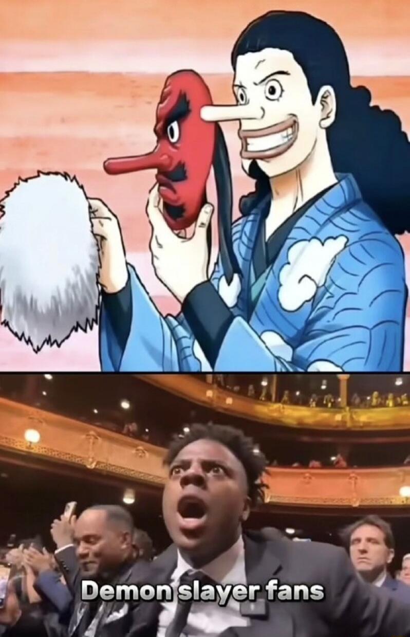 An anime character, Usopp from One Piece, is holding a red Tengu mask, both featuring long noses. Below, a man with an exaggerated expression is shown, with the text 'Demon slayer fans'.